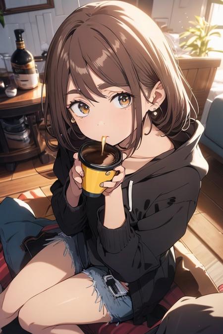 (masterpiece:1.2, best quality), (finely detailed beautiful eyes: 1.2), solo focus,   (extremely detailed CG unity 8k wallpaper, masterpiece, best quality, ultra-detailed, best shadow), (detailed background), (beautiful detailed face, beautiful detailed eyes),  1girl, shoko , brown hair, brown eyes,oversized hoodie, long sleeves, shorts, sitting on couch, sofa, drinking from a cup, drinking coffee, living room, casual clothes,  earrings,   High contrast, beautiful sexy woman, adult, (best illumination, an extremely delicate and beautiful),(simple backround, indoors), looking at viewer,beautiful detailed glow,