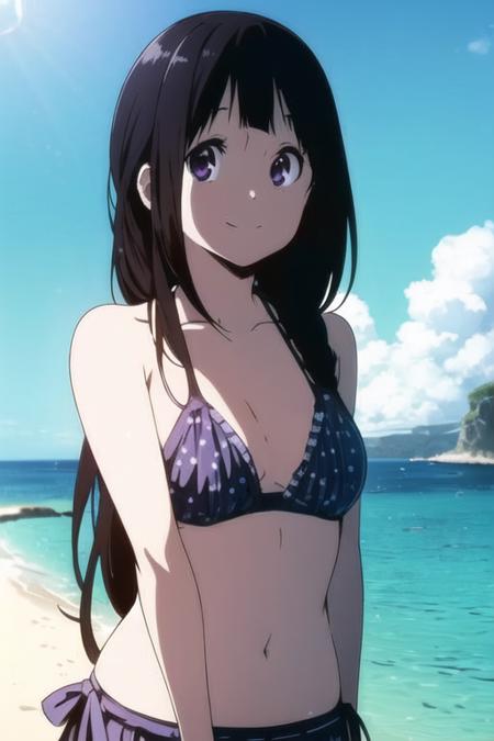 <lora:chitanda_eru_v3-000003:1>, masterpiece, best quality, chitanda_eru, long_hair, closed mouth, looking at viewer, bikini, smile, solo, upper body, beach, blue sky, ocean, lens flare abuse