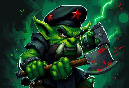 A detailed, a Recycle-ork , a unique orc in a black beret with a red star, wielding an axe. Set in the Toon World, this 1988-inspired masterpiece boasts a striking green and black color scheme, harmonious splashes of vivid color, and a dynamic action pose. Enhanced with warp lightning, sharp lines, and brush strokes, this high-res, 4K artwork is a blend of contemporary aesthetics, Raphael style, and Houdini techniques, embodying a powerful message through vivid emotions, intentional focus, and breathtaking, hyperrealistic details. Found on ffffound, created by Mark Miner, and showcased on ArtstationHQ, this masterpiece embodies the Golden Ratio.