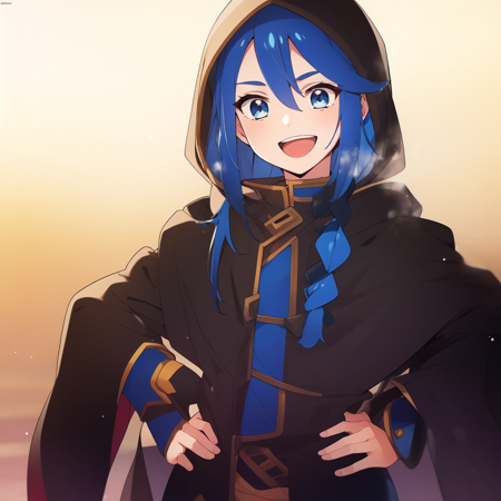 1boy, black hair, colored inner hair, blue hair, blue eyes, sidelocks, hooded cloak, black jacket