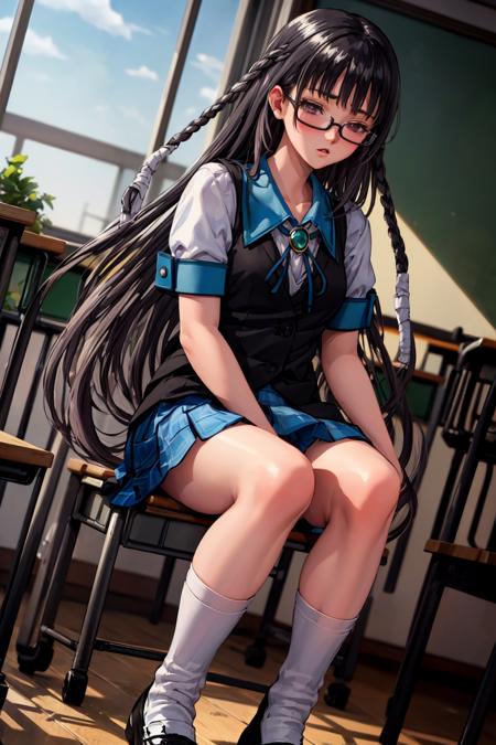 masterpiece, best quality, solo, 1girl, full body, sitting, (classroom:1.5),<lora:Sakajo_Hikaru_v6-000055:0.8>, glasses, black hair, school uniform, serafuku, plaid skirt, twin braids, red eyes, blue sailor collar, white lace panties, green brooch, medium breasts, thicc thighs, (black vest:1.2), (very long hair, straight hair:1.5), (kneehighs, white socks:1.2), loafers, pov, shy, embarrassed,