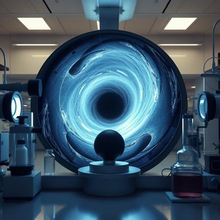 A more photorealistic black hole being studied in a laboratory,  distorting reality and puling the objects arround it