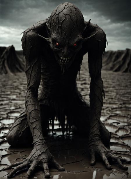 dark cinematic film still of a monster with cracked mud skin