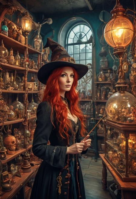 A red haired witch inspecting a magical, mysterious, wonderful, shop of curiosities. colourful, imaginative, steampunk