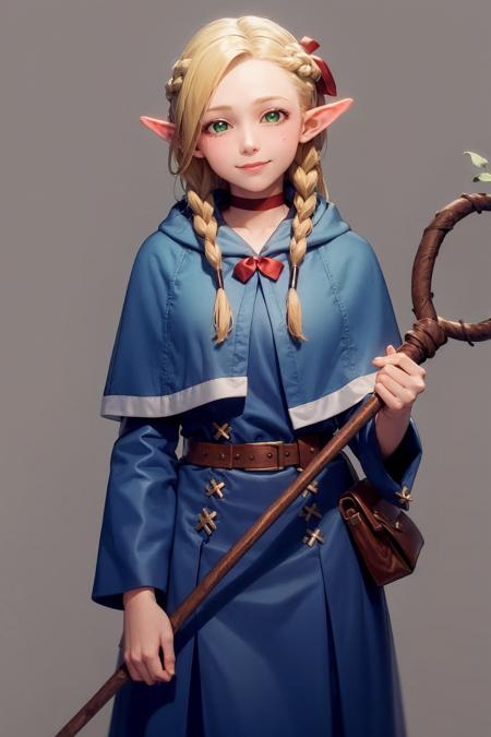 masterpiece, best quality,  <lora:marcille:1>,
1girl, solo, pointy ears, blonde hair, braid,twin braids,  choker, staff, elf, green eyes, holding, belt, grey background,  looking at viewer, anklet, holding staff, capelet, jewelry, parted lips, pouch, pants, standing, long sleeves, blue capelet, hood, red choker, bow, hair bow, dress,cowboy shot, smile