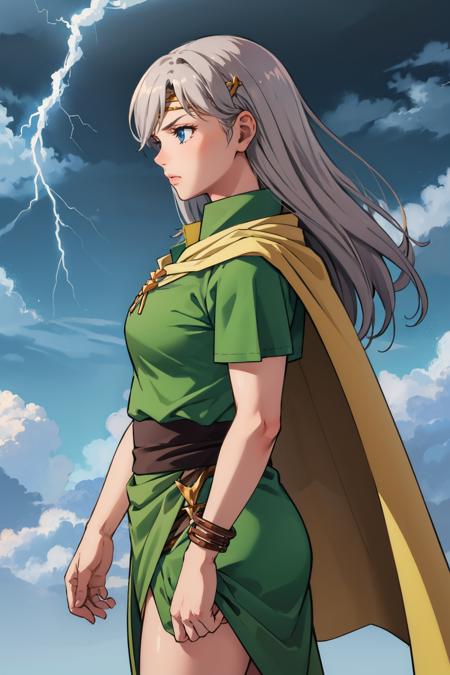 masterpiece, best quality, trsalicia, medium breasts, circlet, green shirt, green dress, cape, cowboy shot, standing, grey sky, thunder, furrowed brow, from side <lora:trsalicia-nvwls-v1-000009:0.9>