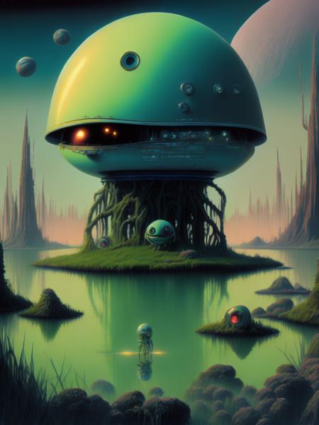 <lora:AngusMcKie:1>highly detailed landscape painting in the style of Norman Rockwell of of a multicolored alien swamp planet at dusk; on the horizon, a cylindrical 1950's space cruiser style rocket with fins from Earth has landed. Futuristic droids have begun building a colony, while a single astronaut is watching from a porthole in the rocket. In the middle of a nearby swamps, a large alien eyeball with peeks out of the water. Grass is tall and thick like eyelashes. a foggy haze covers the land. The sky is inky black with no stars.