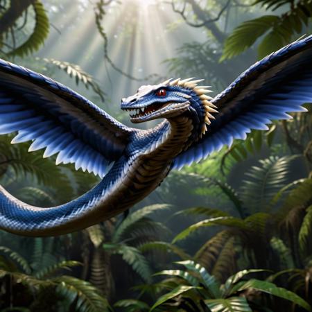 highly detailed portrait photo of a (vringalu):1.2 flying above a dense jungle,

vrinaglue, wings, feathers, teeth, sharp teeth, fangs, snake body,

through a lush jungle,

depth of field:1.2, blurry, blurry background,
realistic:1.3,

photorealistic,
fantasy, cinematic,
32k, best quality, 
god rays:1.2,
dappled sunlight:1.1,




