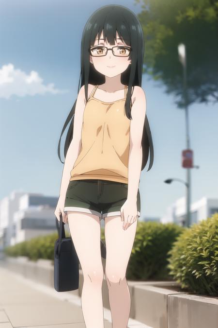 madara, 1girl, solo, fat, yellow_shirt, skirt, outdoors, plump, thick_thighs, looking_at_viewer, thighs, sky, blue_sky, shirt, day, half-closed_eyes, shorts, bare_shoulders, miniskirt, bag, closed_mouth, standing, smile, breasts, collarbone, blurry, blurry_background, green_skirt, tank_top, sleeveless, thick_arms, hat, green_shorts, feet_out_of_frame, short_shorts, straight-on, cloud