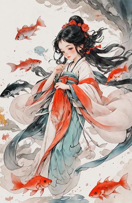 Low contrast(Ink style:1.2),  A shot with tensiondetailed backgroundDouble exposure,masterpiece, professional artwork, famous artwork, 1girl,
Tradition Chinese Ink Painting style of A cute girl in traditional Chinese costumes is and koi.     There are many auspicious clouds in the picture, and thick strokes with dry brushes,watercolor ink painting, full body,extreme long shot, surrounded by a lot of fish, dry brush thick strokes, Zhang Daqian's paintings, clear facial features watercolor ink painting <lora:~Q?-l4X| kio:0.7>