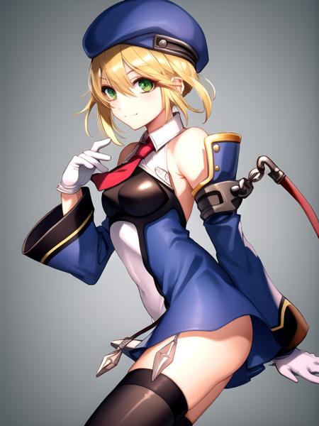 (symmetric, highres, absurdres, novel illustration, promotional art, game cg, exceptional, best aesthetic, best quality, masterpiece, extremely detailed, center frame:1.0), noel vermillion, solo, green eyes, blonde hair, short hair, beret, collared dress, detached sleeves, white gloves, boots, light smile, from side,  ((white background, simple background, cowboy shot)),    <lora:noel vermillion (calamity trigger):1>