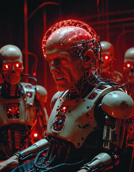 Surrealist art breathtaking cinematic film still elderly man in cybernetic brain interface, skull exposed beneath translucent cranial cover, red scanning lasers creating matrix grid on scalp, surrounded by robotic arms with precision tools, sterile industrial lab with dim red light, intense expression of awe and pain, high-detail render of wrinkled skin and illuminated neural pathways, photographed on Kodak Portra 800, Nikon F3 with 85mm f/1.4 lens, cinematic lighting, visceral sci-fi horror tone,<lora:add-detail-xl:1>,OverallDetailXL,ArsMovieStill,<lora:MJ52_v2.0:0.7>,<lora:EldritchCandids1.1.2:0.75>,<lora:EpicF4nta5yXL:0.4>,<lora:Year_3000_Movie_Stills:0.7> . shallow depth of field, vignette, highly detailed, high budget, bokeh, cinemascope, moody, epic, gorgeous, film grain, grainy . award-winning, professional, highly detailed . Dreamlike, mysterious, provocative, symbolic, intricate, detailed