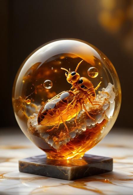 improved cinematic photo, 35mm photograph, film, professional, 4k, highly detailed,
An amber fragment enclosing a snowglobe,
The amber fragment is a smooth, slightly irregular sphere, roughly the size of a marble, with a warm golden-brown hue. Its surface is polished, gleaming softly under light, revealing a mesmerizing play of golden, honey, and orange tones. Tiny air bubbles and organic inclusions are scattered throughout, lending it a sense of antiquity and natural complexity.
Inside, a perfectly preserved Human Heart lies suspended in time, its delicate body encased in the translucent amber.
Around the Human Heart, subtle striations and minute organic fragments, possibly plant material or dust, create a vignette that frames the insect. The amber’s clarity varies in places, with some sections slightly cloudy, further accentuating the Human Heart as the focal point. The fragment feels timeless, a tiny time capsule offering a glimpse into a prehistoric world millions of years ago