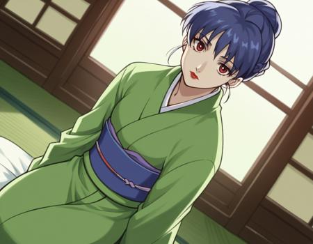 yuriko shiratori, red eyes, blue hair, ponytail, hair bun, single hair bun, makeup, lipstick, red lips, braid, french braid, japanese clothes, kimono, sash, obi, green kimono,