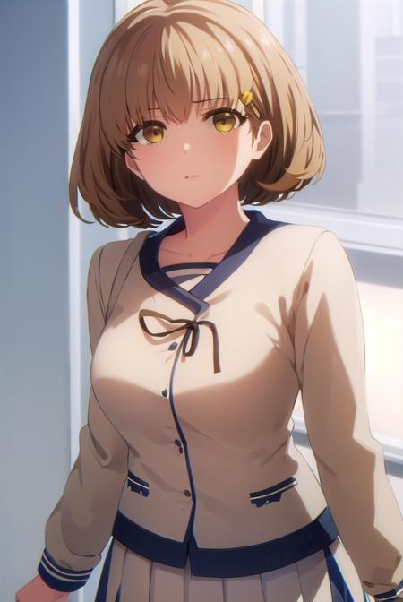 kimiekamata, <lora:kimie kamata s1-lora-nochekaiser:1>,
kimie kamata, short hair, brown hair, hair ornament, (brown eyes:1.5),
BREAK skirt, long sleeves, school uniform, pleated skirt, serafuku,
BREAK indoors, classroom,
BREAK looking at viewer, (cowboy shot:1.5),
BREAK <lyco:GoodHands-beta2:1>, (masterpiece:1.2), best quality, high resolution, unity 8k wallpaper, (illustration:0.8), (beautiful detailed eyes:1.6), extremely detailed face, perfect lighting, extremely detailed CG, (perfect hands, perfect anatomy),