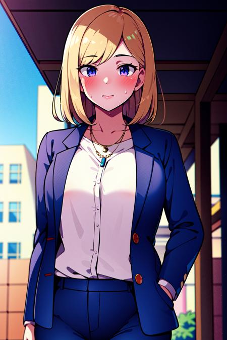 <lora:ironcatlora3Anime_v10:1>  (masterpiece:1.2), (best quality:1.2), 1girl, medium breasts, city, outdoors, necklace, suit, pant suit, sweat