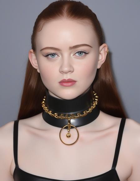 SadieSink,<lora:SadieSinkSDXL:1>, a woman in a black leather dress with a choker, wearing steel collar, slave collar, choker, wearing detailed leather collar, black leather choker, choker on neck, wearing choker, choker around neck, wearing black choker, wearing collar, wearing gold detailed choker, wearing collar on neck, collar on neck, piercings collar, steel choker