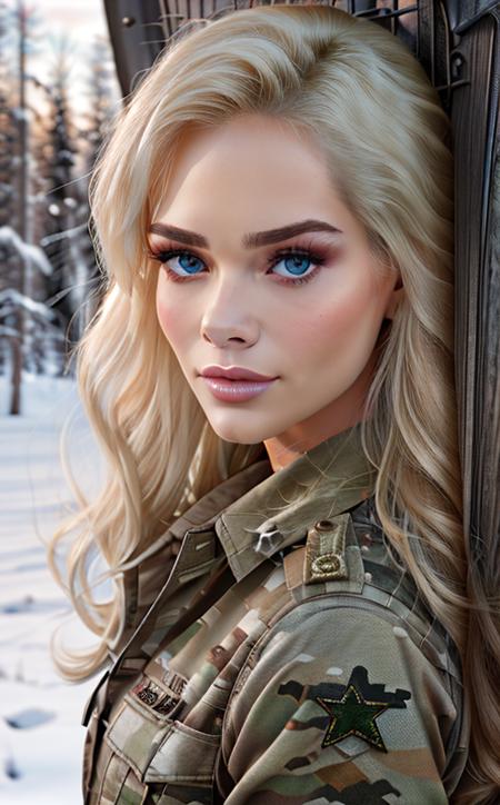 beautiful Elsa Jeans  posing as an army officer, photo referenced, highest quality, high quality, (detailed face and eyes), dusk lighting, high boots, strong makeup, industrial, outdoor snow forest background <lora:Elsa Jeans:0.9> close up