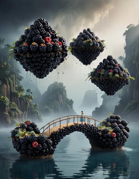 blackberryworld a dreamlike sequence of floating islands connected by ethereal bridges, abstract figures moving between them, a sense of wonder and mystery <lora:Blackberryworld_Morth:1>