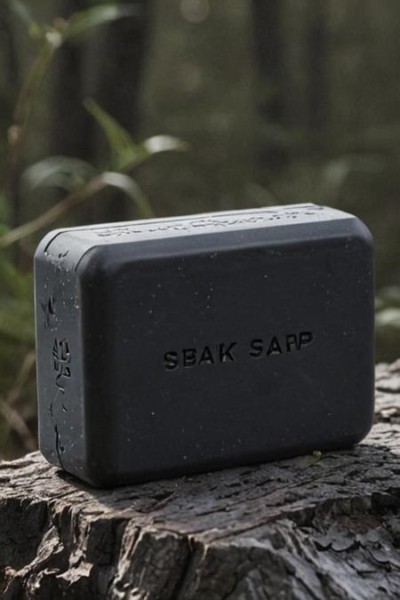 black bar soap,  outdoors in nature ((daniellepik)), ((lemanoosh)), product shot, sleek minimalist futuristic product design <lora:Sleek_Product_Design:1>