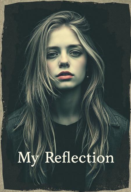high quality design aesthetics, blues rock, grunge, dynamic, detailed, alternative indie blues rock pop album cover, melancholic, young white woman, melancholic, artist name "Homie", album title "My Reflection"