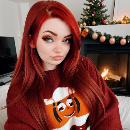 <lora:proxyfoxlol_sd15_512_128_64_v1:1>proxyfoxlol, 1girl red hair, wearing christmas sweater, christmas decoration in background, lit fireplace in background