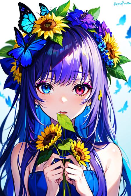 multicolored, 1girl, makeup, daisy, bare_shoulders, camellia, flower, nail_polish, blue_flower, yellow_background, red_flower, orange_flower, hibiscus, hair_flower, blue_bow, solo, long_hair, colorful, hair_ornament, yellow_flower, heterochromia, blue_ribbon, blue_eyes, nail_art, looking_at_viewer, blue_rose, purple_flower, parted_lips, bangs, upper_body, jewelry, multicolored_eyes, multicolored_hair, holding_flower, sunflower, blue_butterfly, blue_neckwear, blunt_bangs, <lora:style_MikaPikazo:1>