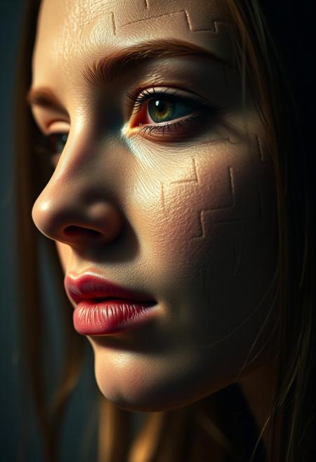 Closeup of a woman head with seams that makes her look as if made of puzzle pieces, bright background, dramatic light