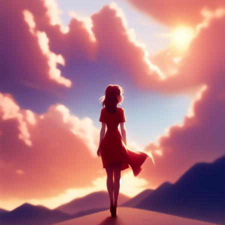 Anime, Pretty Woman in Red Dress, stares to the Sunset Horizon, anime scenery by Makoto Shinkai and Studio Ghibli. 8k, sharp high quality anime illustration in style of ghibli, artstation, concept art by WLOP, Rossdraws, James Jean, Andrei Riabovitchev, Marc Simonetti, and Sakimichan, trending (to8contrast style:1) <lora:theovercomer8sContrastFix_sd21768:0.6>  <lora:johnsondesuv2-320-e1:0.6>