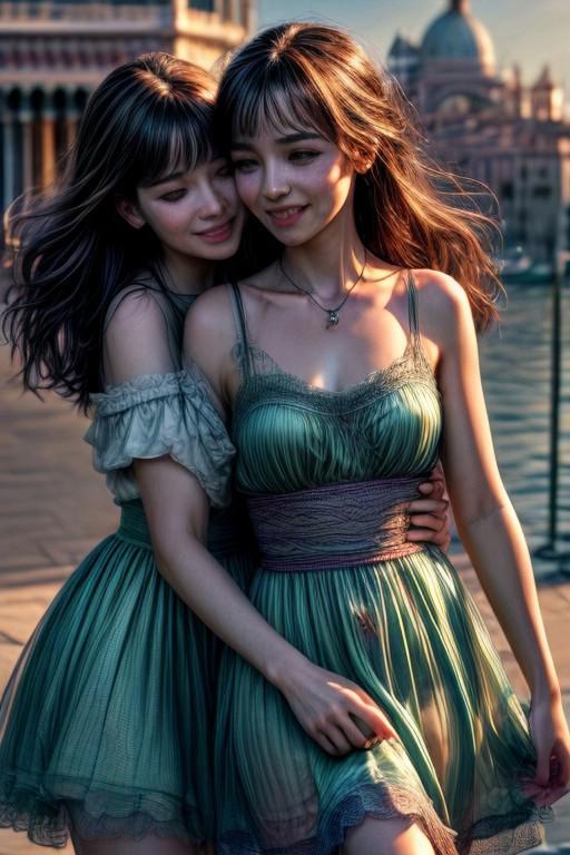 (masterpiece:1.2), (best quality,:1.2), 8k, HDR, ultra detailed, ((photorealistic)), cinematic lighting, high depth-of-field, sharp focus,
2girls hugging, happy smile,
colourful translucent dress,
slim face, perfect face, perfect hands, eye contact, realistic face, realistic eyes,
detailed background venice at sunset, sharp backgroud focus,