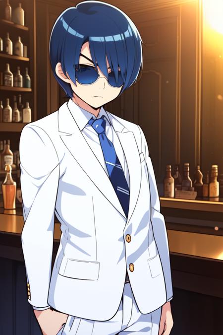 best quality,highly detailed,ultra-detailed,masterpiece,illustration,beautiful detailed eyes, Anime, Moe,(((illustration))), (((solo))), ((1boy)), adult male, ((deepblue eyes)),(((darkblue hair))),((((very short hair)))),serious, (((white suit))),bartender,necktie,(((1 sunglasses on eyes))) ,white suit pants,dim light,pub,