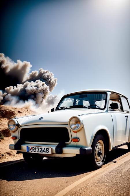 TRABANT,  car, sandstorm, photorealistic, shot by Sony a7iii  <lora:TRABANT:0.8>