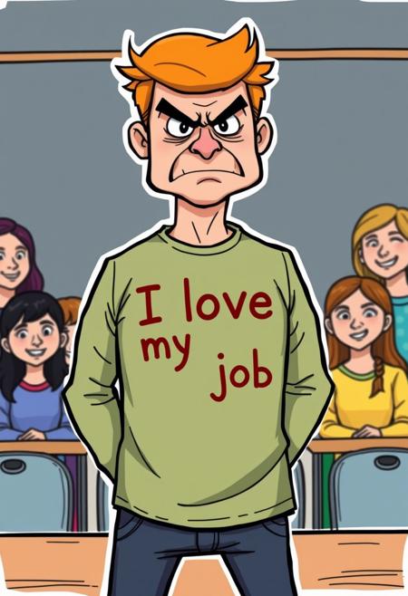 "Create an image of a teacher standing at the front of a classroom, wearing a shirt that proudly declares 'I love my job' in bold letters. However, the humor comes from the fact that the teacher's face is a crudely drawn angry face, complete with a scowl and a furrowed brow. The teacher's posture and body language convey a sense of frustration and annoyance, as if they're about to explode. The students in the background look on in amusement, some of them trying to stifle giggles. The contrast between the teacher's cheerful shirt and their angry expression creates a comedic effect. The image should be rendered in a humorous and exaggerated style, with bold lines and bright colors. Think 'cartoonish' and 'playful'."