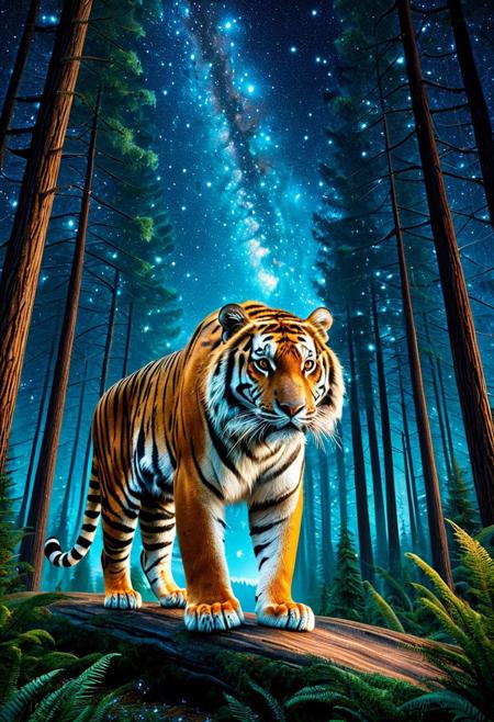 CosmicStyle,space,fantasy,Shimmering stars,starlight ,animal, Tiger,full view,masterpiece, best quality, amazing quality, aesthetic,outdoor,trees,fantasy,forest