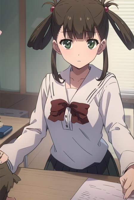 hikarikuroda, <lyco:hikarikuroda-lyco-nochekaiser:1>,
hikari kuroda, bangs, (brown hair:1.5), hair ornament, twintails, (green eyes:1.5), hair bobbles, hair rings,
BREAK school uniform, long sleeves, bow, red bow,
BREAK looking at viewer,
BREAK indoors, classroom,
BREAK <lyco:GoodHands-beta2:1>, (masterpiece:1.2), best quality, high resolution, unity 8k wallpaper, (illustration:0.8), (beautiful detailed eyes:1.6), extremely detailed face, perfect lighting, extremely detailed CG, (perfect hands, perfect anatomy),