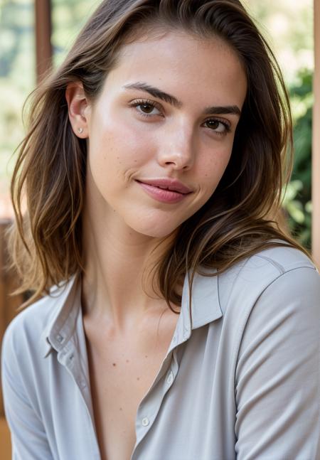 RAW close up portrait photo of alexandrabotez-ti, natural lighting, 8k uhd, dslr, high quality, film grain, Fujifilm XT3, by Edward Weston, adidas blouse, casual clothing, well dressed