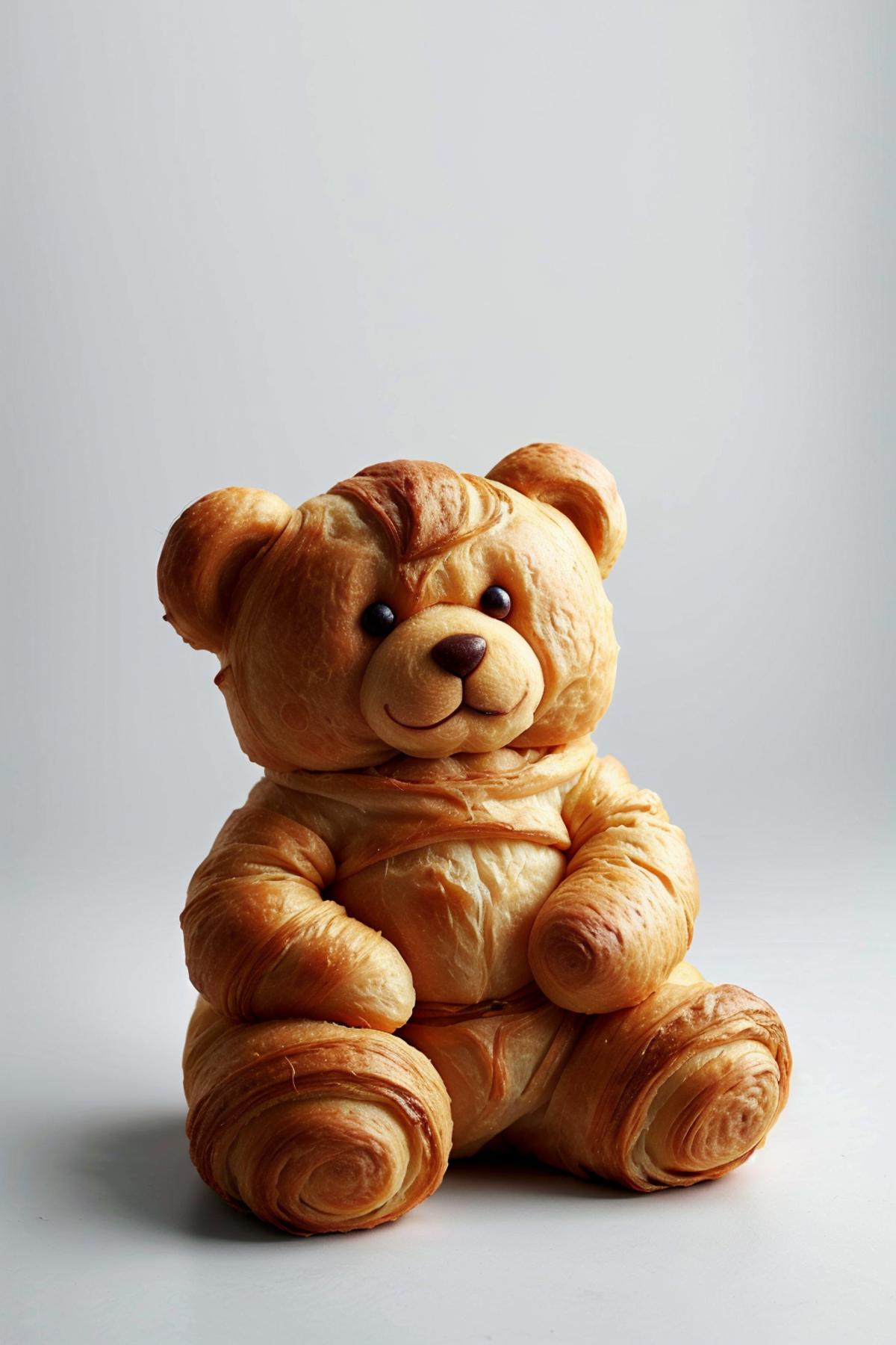 A large pastry teddy bear sitting on a white surface.