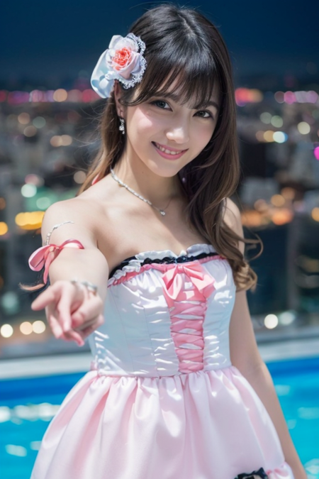 1girl,(wearing a pretty lolita dress:1.4),(at a pool on top of skyscraper in Tokyo:1.4),(overseeing Tokyo City and Tokyo tower in the background),(RAW photo, best quality), (realistic, photo-realistic:1.4), masterpiece, an extremely delicate and beautiful, extremely detailed, 2k wallpaper, Amazing, finely detail, extremely detailed CG unity 8k wallpaper, ultra-detailed, highres, soft light, beautiful detailed girl, extremely detailed eyes and face, beautiful detailed nose, beautiful detailed eyes,cinematic lighting,perfect anatomy,slender body,instagram beautify filter,smooth and flawless skin and face,(dynamic angle:1.2),sexy pose,smiling,(city lights at night)