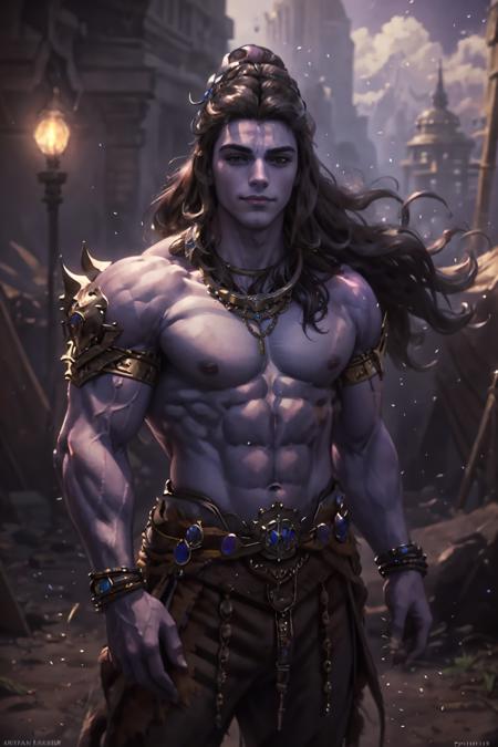 jewelry,male focus,long hair,purple skin,muscular