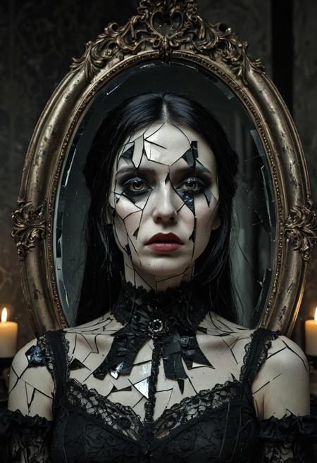 A hyper-realistic photograph of a shattered antique mirror reflecting the image of a beautiful gothic woman. She has pale, porcelain skin, deep-set dark eyes with smoky makeup, and long, flowing raven-black hair. Her expression is melancholic yet powerful. She wears a provocative, black lace Victorian dress with high collar and intricate embroidery. ((The mirror’s fractured shards create a fragmented, surreal composition of her face and form, each shard reflecting a slightly different angle)). The background is dimly lit with candlelight casting warm, flickering glows, adding dramatic contrast to the cold elegance of her appearance. Subtle dust and scratches on the mirror add to the realism. Moody, cinematic lighting — dark, rich shadows with high detail and depth.