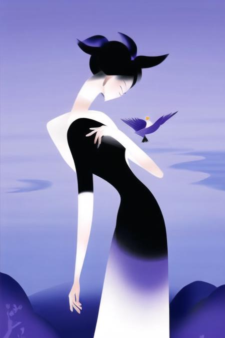 <lora:artyo-000014:0.8>,a woman in a black dress blowing her hair in the wind with a purple background and a blue sky, Chiho Aoshima, llustration, a storybook illustration, figurativism,Stylish, modern, minimalist