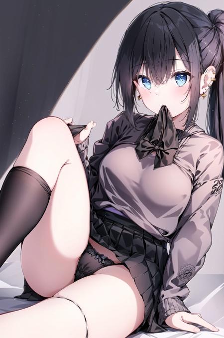 1girl, solo, panties, underwear, skirt, blue eyes, long hair, black panties, white background, pleated skirt, ponytail, blush, black hair, breasts, looking at viewer, bangs, hair between eyes, very long hair, thighhighs, black skirt, long sleeves, medium breasts, sitting, simple background, holding, bow, sleeves past wrists, bow panties, grey sweater, piercing, panties removed, black thighhighs, covered mouth, knee up, high ponytail, feet out of frame, ear piercing, sweater, thighhighs pull, (masterpiece,best quality)