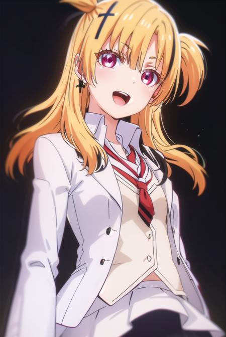 somalilonghaired, <lora:somali longhaired s1-lora-nochekaiser:1>,
somali longhaired, long hair, blonde hair, hair ornament, (red eyes:1.3), two side up, cross hair ornament, smile, open mouth,
BREAK skirt, shirt, thighhighs, jewelry, school uniform, jacket, pleated skirt, earrings, necktie, striped, pants, black skirt, blazer, red necktie, (white jacket:1.5),
BREAK indoors, classroom,
BREAK looking at viewer, (cowboy shot:1.5),
BREAK <lyco:GoodHands-beta2:1>, (masterpiece:1.2), best quality, high resolution, unity 8k wallpaper, (illustration:0.8), (beautiful detailed eyes:1.6), extremely detailed face, perfect lighting, extremely detailed CG, (perfect hands, perfect anatomy),