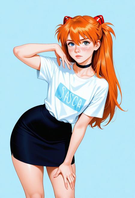 pinup, blue pastel background,
1girl, Asuka Langley, beauty face, orange hair, blush,shy, freckles, wide hips, flat chest, looking at viewer, mocking, gigantic wide hips, actor pose, black choker, black pencil skirt, white t-shirt, adult, 21 years old