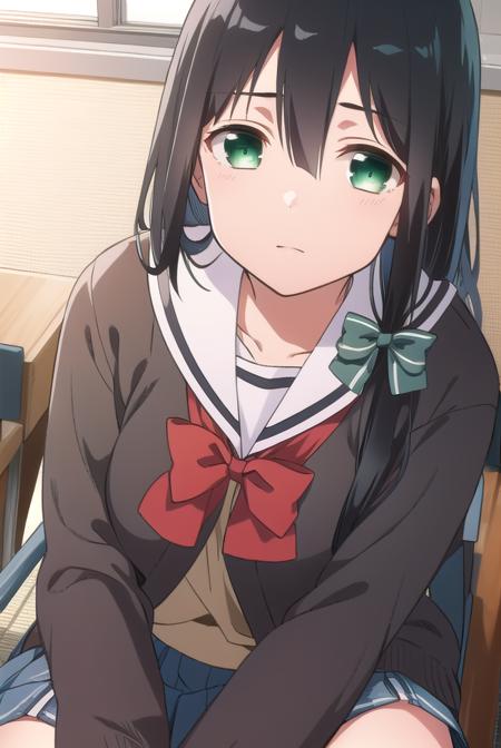 mimoritougou, <lyco:mimoritougou-lyco-nochekaiser:1>,
mimori tougou, long hair, (black hair:1.5), (green eyes:1.5),
BREAK skirt, long sleeves, school uniform, bow, bowtie, serafuku, red bow, cardigan,
BREAK looking at viewer,
BREAK indoors, classroom,
BREAK <lora:GoodHands-vanilla:1>, (masterpiece:1.2), best quality, high resolution, unity 8k wallpaper, (illustration:0.8), (beautiful detailed eyes:1.6), extremely detailed face, perfect lighting, extremely detailed CG, (perfect hands, perfect anatomy),