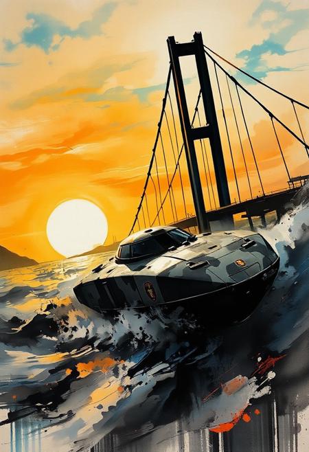 a_skynet_cyberdyne_craft, the image is featuring a, A dinkfsn style ink wash painting, intricate linework with expressive contrasts, gradient vibrant neon colour, rough, textural, broad brush strokes, a sleek military hovercraft in camouflage greys and blacks traversing rapidly across a choppy ocean, sunset, speeding under a suspension bridge