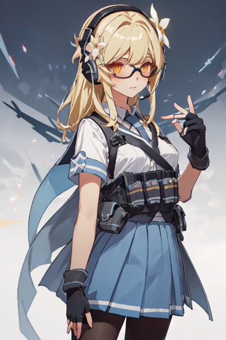 LumineGunner, 1girl, solo, tinted eyewear, pleated skirt, blue skirt, blonde hair, hair ornament, black gloves, school uniform, yellow eyes, hair flower, pantyhose, sidelocks, fingerless gloves, headset, elbow pads, bulletproof vest, 