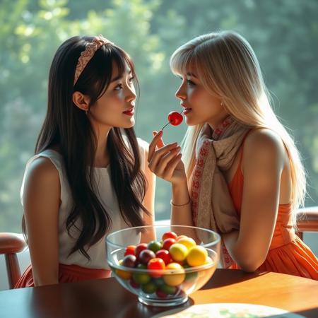 real life realistic, two beautiful women at a table, bowl of fruit between them, women looking in each other's eyes lovingly as one offers a cherry to the open mouth of the other woman whose  hand is on the cheek of the other woman one Asian, one blonde Swede. one small breasts, one large breasts. one sleeveless blouse and skirt, one sundress. one headband, one scarf. one bangs, one long hair.
score_9, score_8_up, very detailed, detailed eyes,  high detailed texture, realistic, photorealistic, perfect eyes, real life realistic, Expressiveh, Stable_Yogis_PDXL_Positives, midjourneylora, detailed background, dynamic angle, volumetric lighting, godrays, beautiful, small breasts, green eyes,