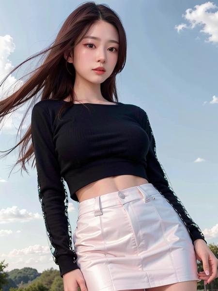 best quality, masterpiece, minju, (detailed face:1.1), (long sleeves:1.1), black tie, tight shirt, tight breast, long hair, short skirt, tight skirt, pink skirt, floating hair, (bare shoulder:0.8), slender body, proportional body, toned body, clouds, sunlight, <lora:mjftwv2:0.75>