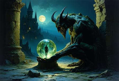 Painterly dark fantasy illustration, style of Brom and Zdzisław Beksiński. Medium close-up: Ancient stone gargoyle, hunched posture, gazes intently into a luminous crystal orb glowing with cool white light. Within the orb, a sharp, miniature vision: an unaware human on a mundane street. Dramatic moonlight casts stark highlights on weathered, moss-flecked stone, contrasting deep abyssal shadows. Visible, textured brushstrokes. Swirling nocturnal mist obscures the distant city. Atmosphere of intense concentration, arcane observation, eerie stillness.